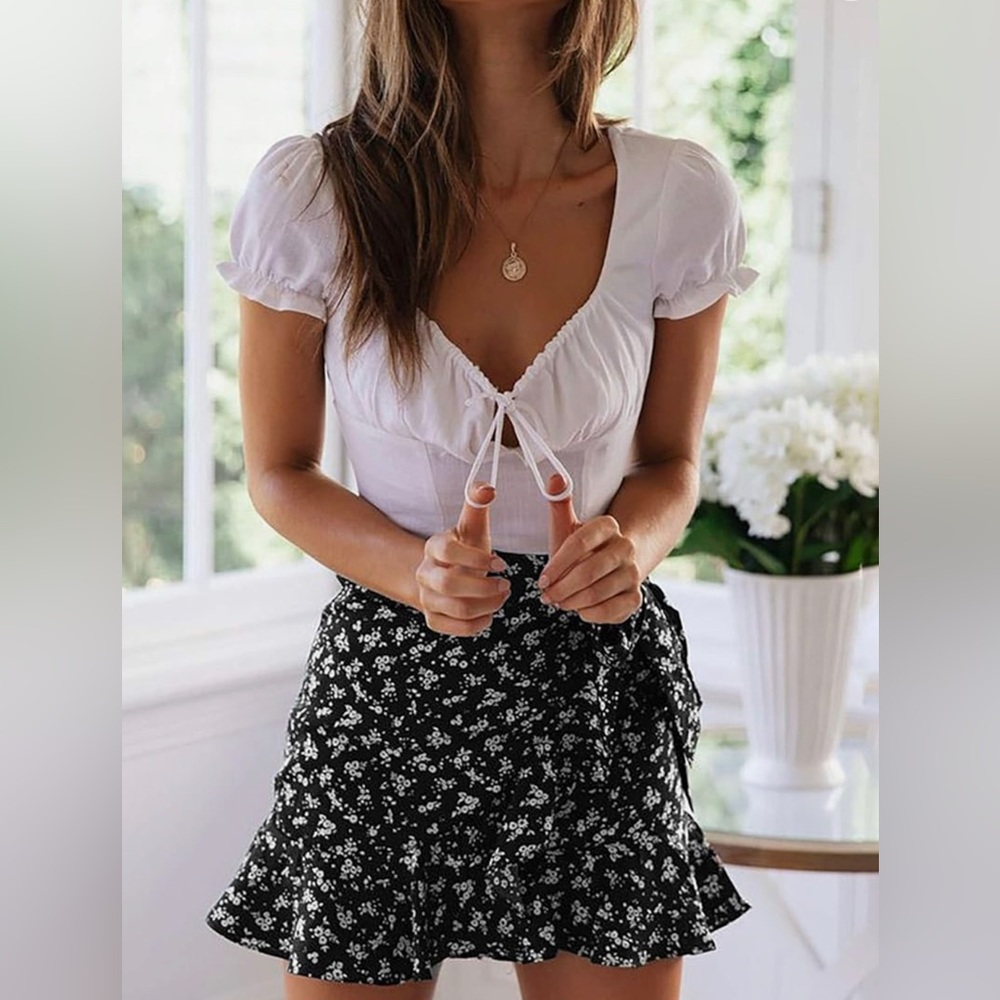 Summer Skirt High Waist Wrap Front Tie Waist Ruffle Hem Casual Mini Short Skirts